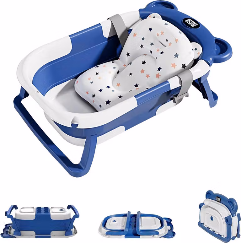 Vasca da bagno portatile da viaggio, design pieghevole, sensore di temperatura, blu