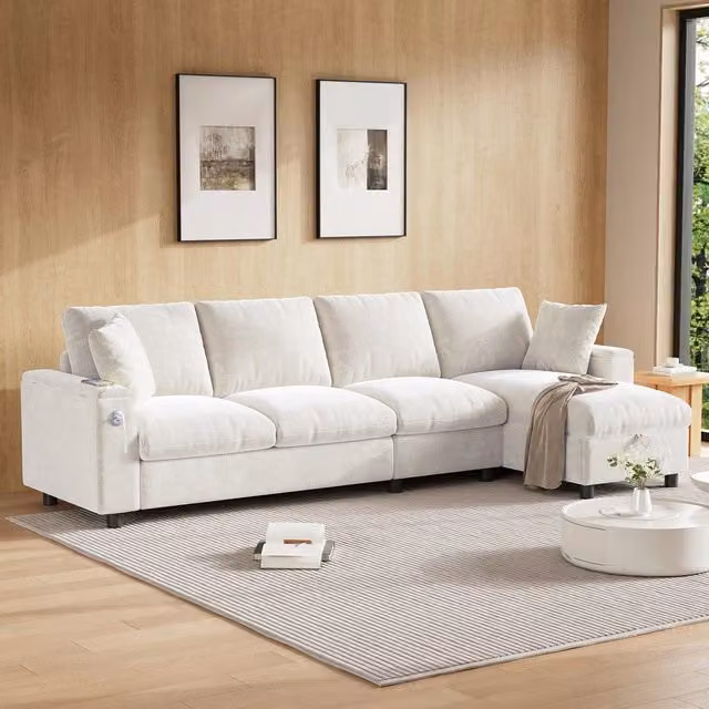 Divano angolare contenitore ¨C Minimal ¨C Beige tessuto braccioli con porta bevande USB Type-C
