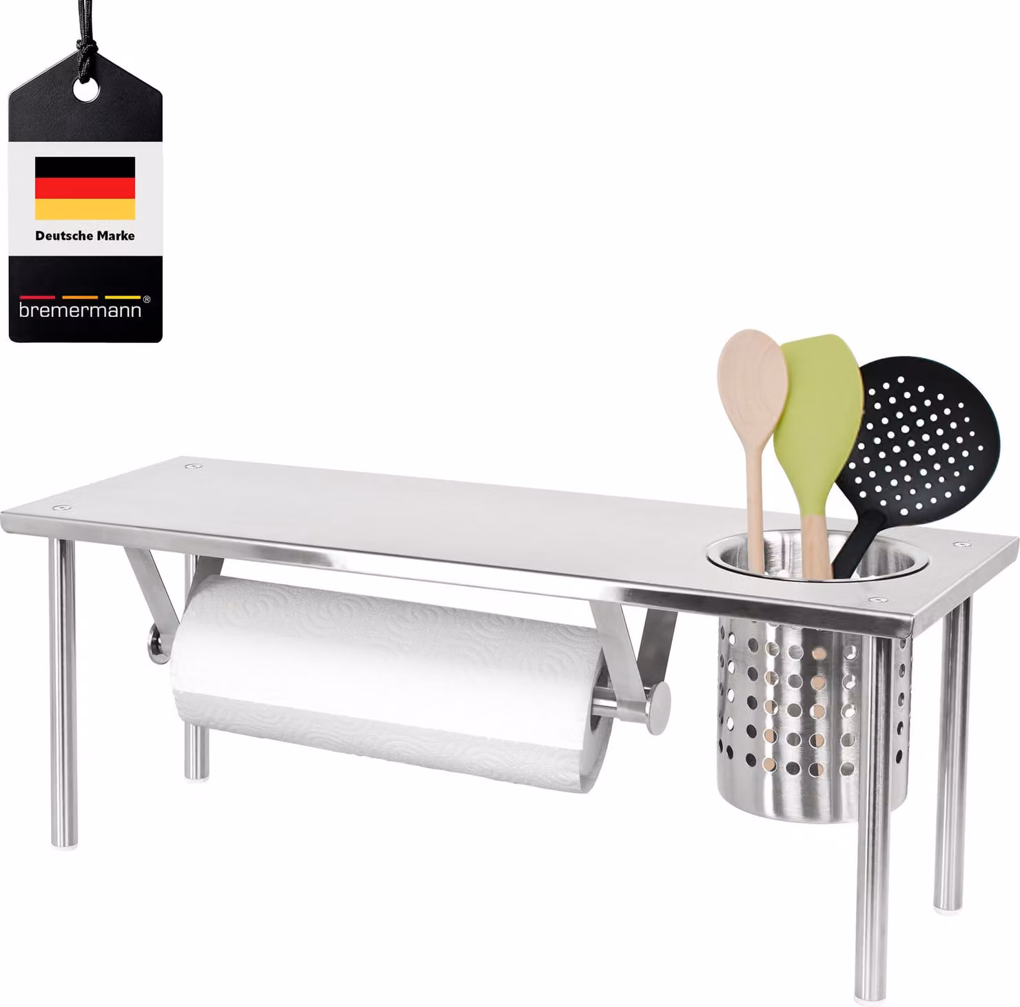 Scaffale da cucina con portarotolo e portaoggetti, marca bremermann®, in acciaio inossidabile