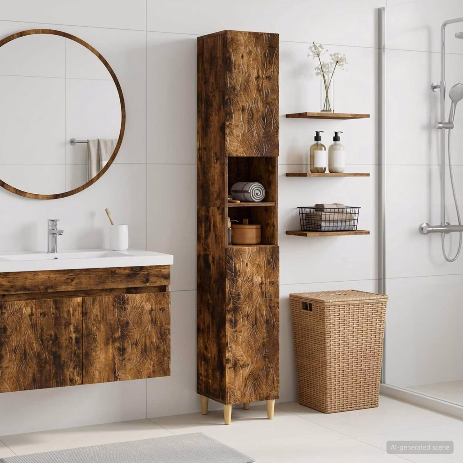 Armadio da Bagno vidaXL DELFT con Ripiano Aperto e Ante a Battente, Rovere Fumo, L/P/H: 60 x 30 x 190 cm