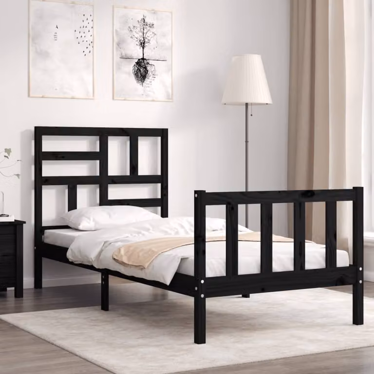 vidaXL Giroletto con Testiera in Legno Massello di Pino Nero Small Single L 104,0 cm x P 80,5 cm x H 195,5 cm