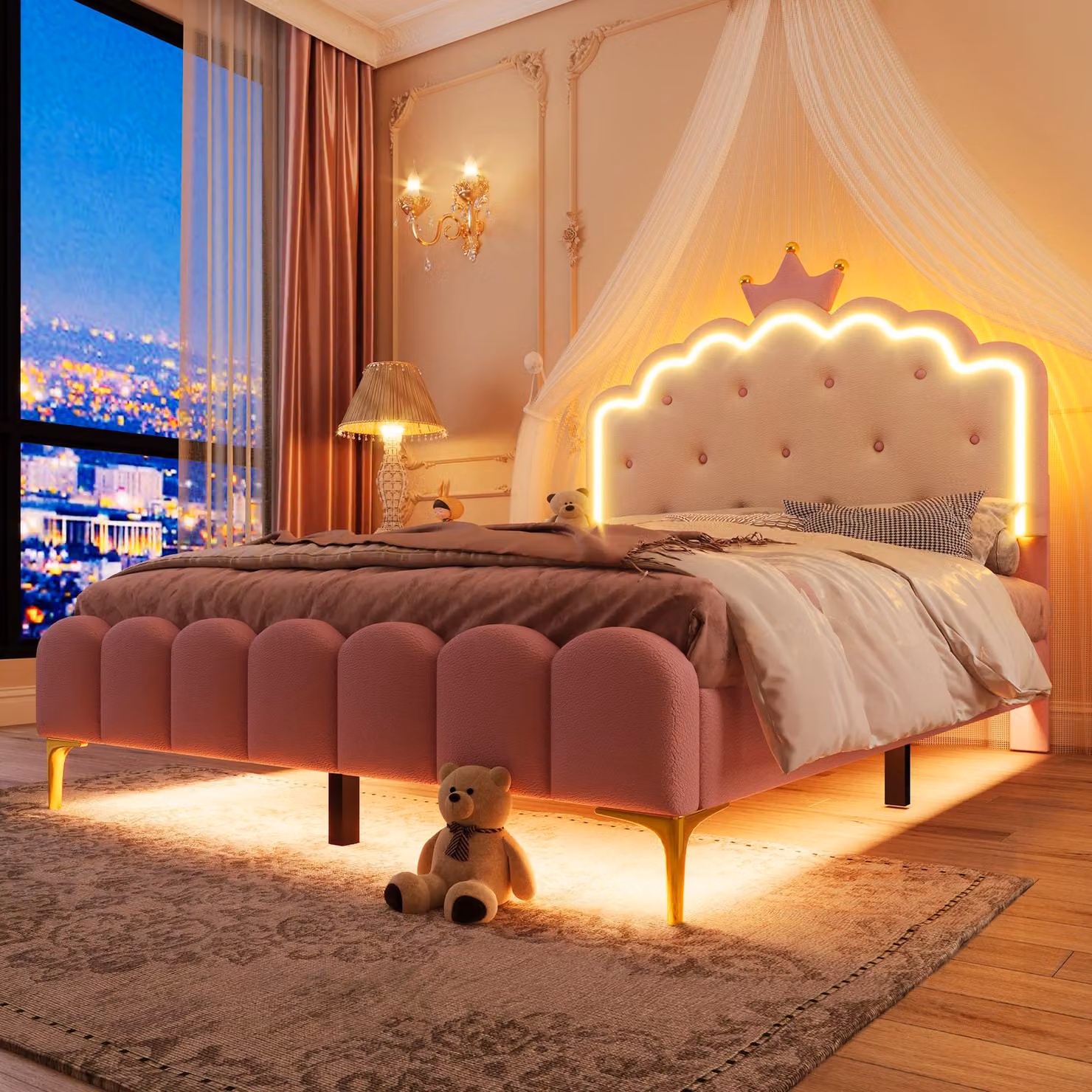 Letto imbottito Merax 140x200 cm, con LED, letto per bambini con design a , letto da principessa con gambe in metallo, rete a doghe, letto per ragazzi, letto piatto, PU, rosa
