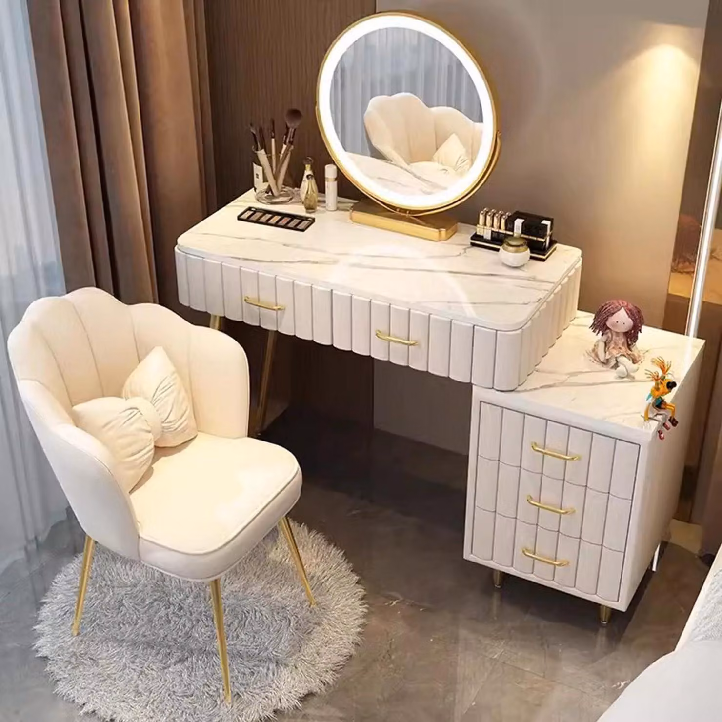 Set da trucco con sgabello, tavolo da trucco con specchio, 5 cassetti, legno massello, piano in granito, bianco, 80 cm