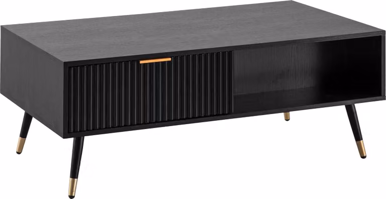 WOHNLING Tavolino 110x60x43 cm Nero con decoro in rovere Tavolo da soggiorno Tavolo rettangolare da divano con vano portaoggetti Tavolino con cassetti Tavolo da soggiorno