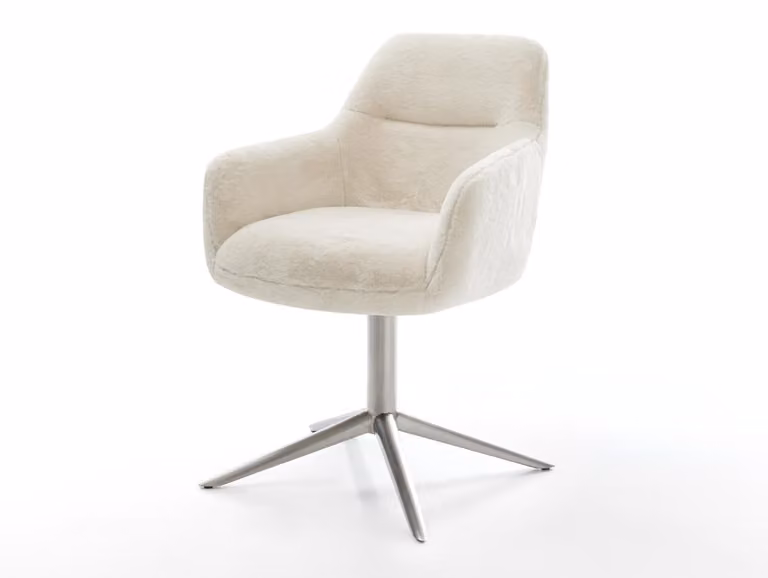 DELIFE Sedia girevole Pejo-Flex, rivestimento in peluche bianco crema, base in acciaio inossidabile, rotazione a 360°, funzione oscillante, molle insacchettate