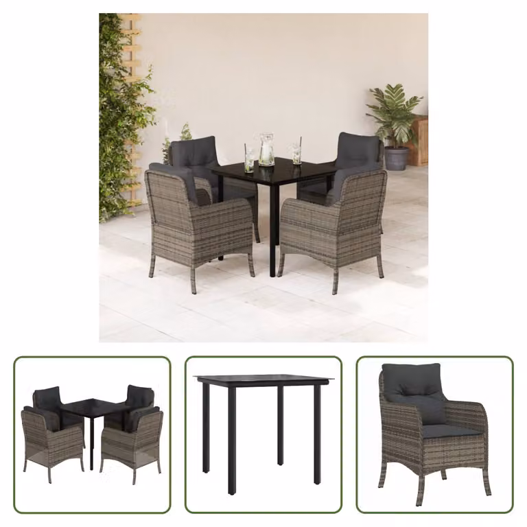 The Living Store Set da pranzo da giardino 5 pezzi con cuscini in poly rattan grigio