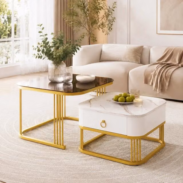 Set di 2 tavolini da caffè modulari bianchi e oro con piano effetto marmo e cassetto