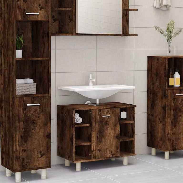 Armadietto da bagno moderno vidaXL in legno rovere fumo con ante a battente, L: 60 cm, P: 32 cm, H: 53,5 cm
