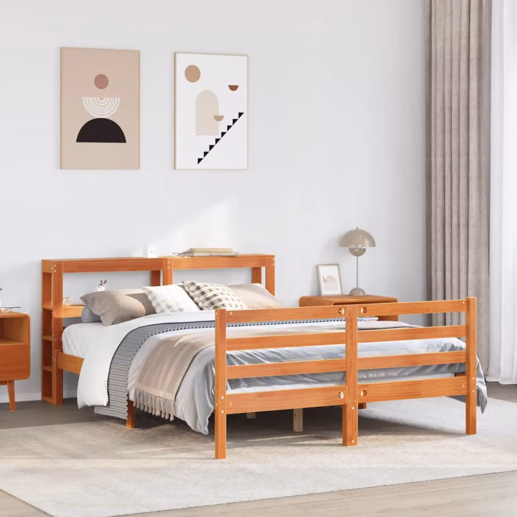 Letto in legno di pino rustico con ripiani laterali marrone cera vidaXL L/P: 150 x 200 cm – 1