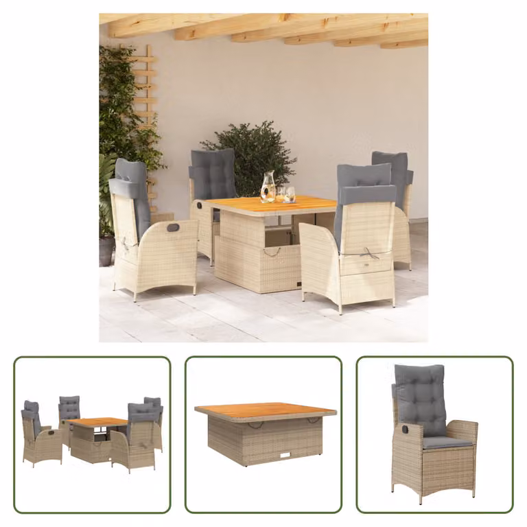 The Living Store Set da pranzo da giardino 5 pezzi con cuscini Beige poly rattan