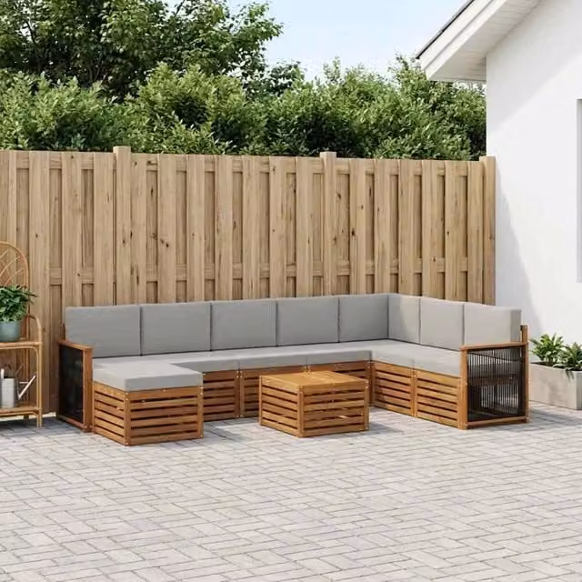 Set di divani da esterno a L vidaXL in legno di acacia con tavolo da caffè e pouf, beige e grigio