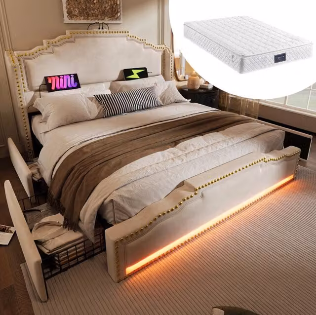 Letto matrimoniale 160x200 con 4 cassetti; LED; USB e Type-C; velluto beige; materasso incluso