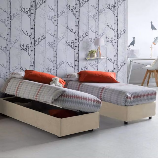 Letto singolo contenitore Abbi Talamo Italia con materasso incluso, rivestimento in tessuto beige, apertura laterale, dimensioni materasso: 80 x 190 cm