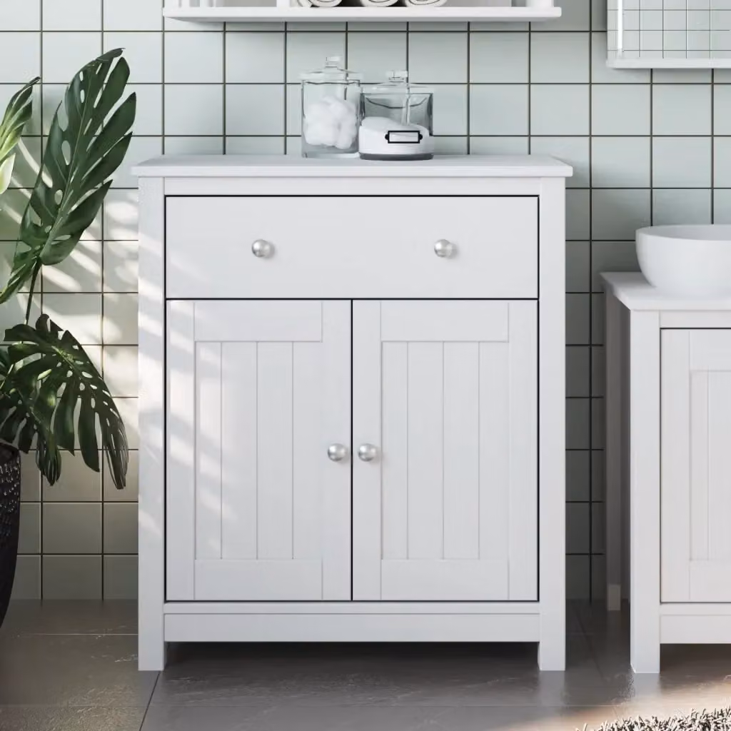 Armadio da bagno BERG in legno massello di pino bianco sospeso con ante a battente e cassetti interni L: 69,5 cm, P: 34 cm, H: 80 cm – 2
