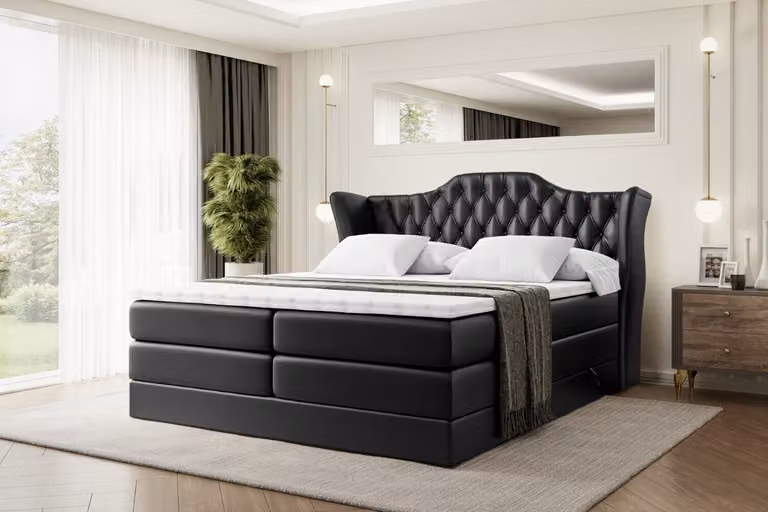 Letto boxspring ALTDECOR con 2 materassi e topper - 200x200 cm - VILA KING - Pelle finta nera - Letto imbottito con materassi H3 e H4, contenitore e rete a doghe, letto con spazio contenitivo