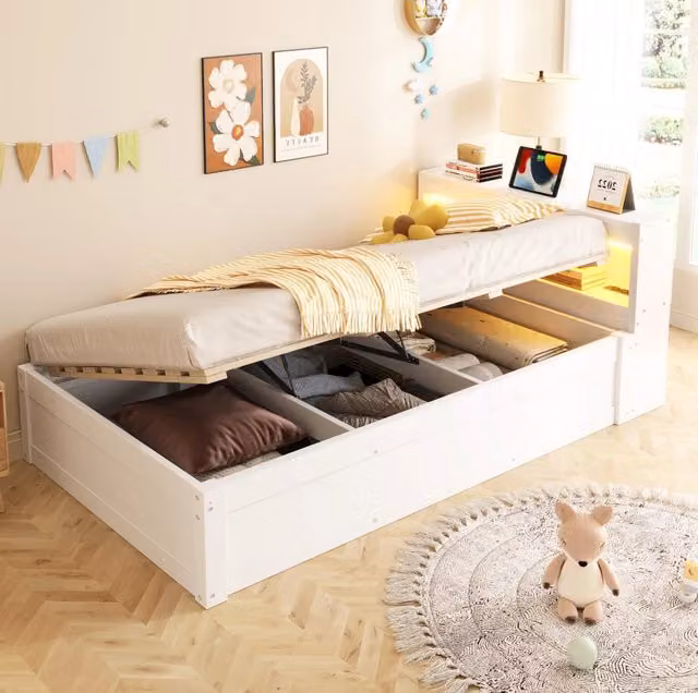 Letto Multifunzionale in Legno Massello 90x200 cm con Porta USB, LED Colorati e Meccanismo Idraulico, Bianco