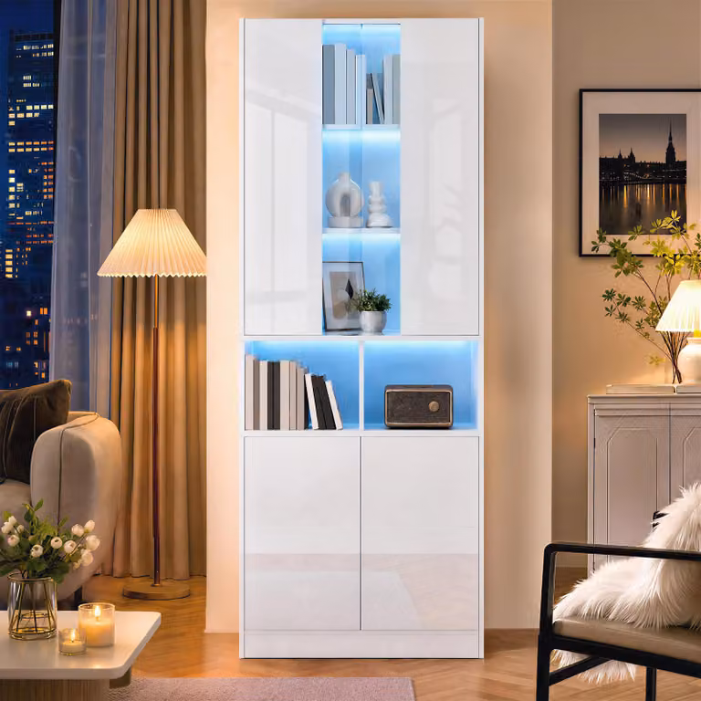Armadio alto Fly con vetri in acrilico, illuminazione a LED, credenza da cucina con doppia porta e ripiano regolabile, mobiletto contenitore, colore bianco