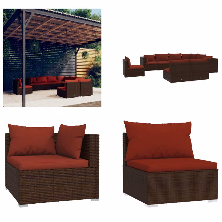 vidaXL 9 pezzi set salotto da giardino con cuscini in rattan marrone - Set salotto da giardino - Set salotto da giardino - Set salotto da terrazza - Set divano da giardino