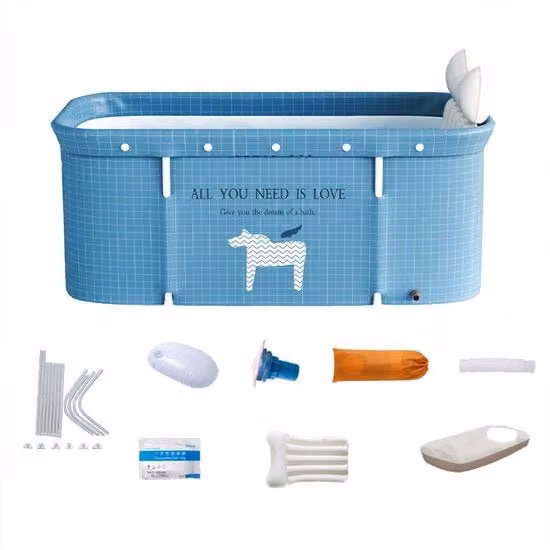 Bagno pieghevole per adulti - Bagno seduto - 120 cm - Bagno portatile per doccia - Bagno pieghevole - Bagno mobile - Bagno per spa in casa - Benessere - 120 x 60 cm - Bagno autonomo - Plastica - Blu - Per famiglia - Incluso kit di secchio