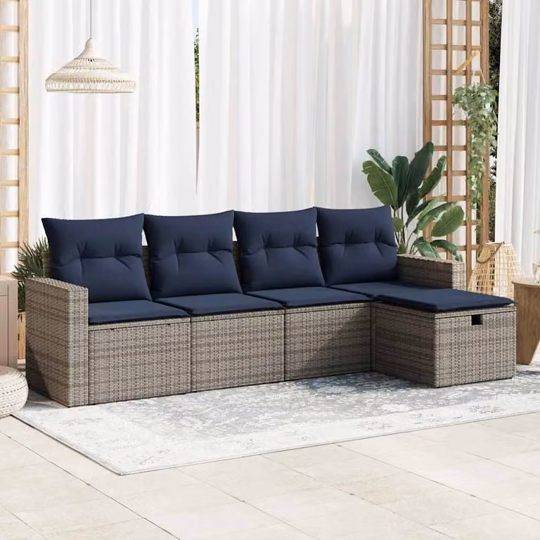 Set Divano da Giardino a L vidaXL in Polyrattan con 5 Pezzi e Cuscini Imbottiti Grigio e Blu