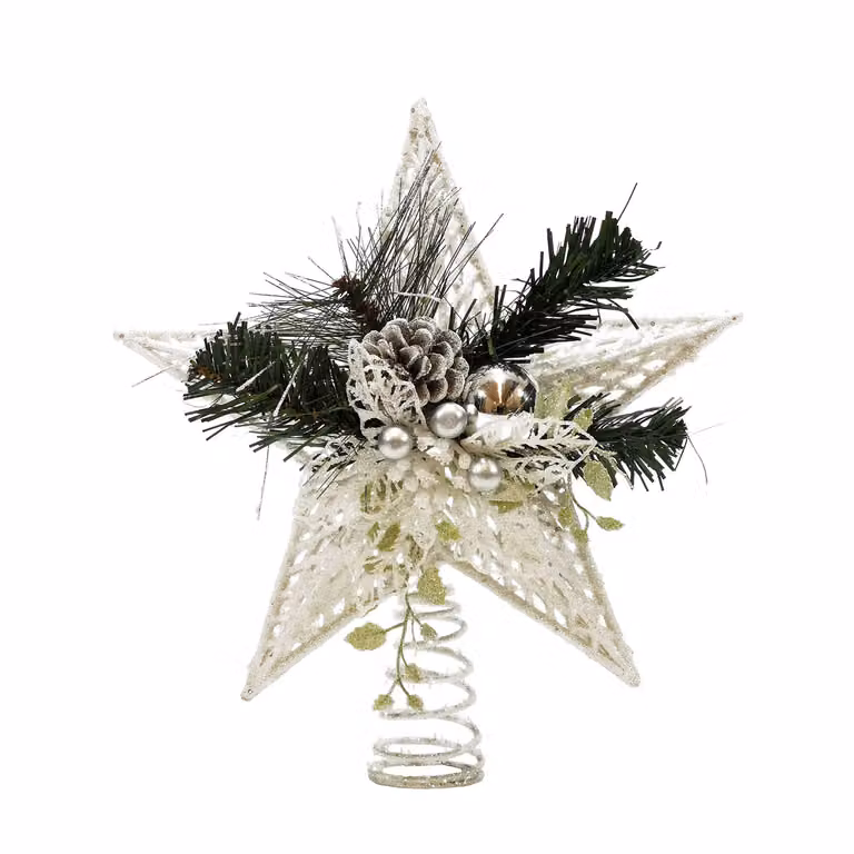 Puntale Stella di Natale con Pigne Glitterata Bianco Vestiamo Casa Altezza: 32 cm