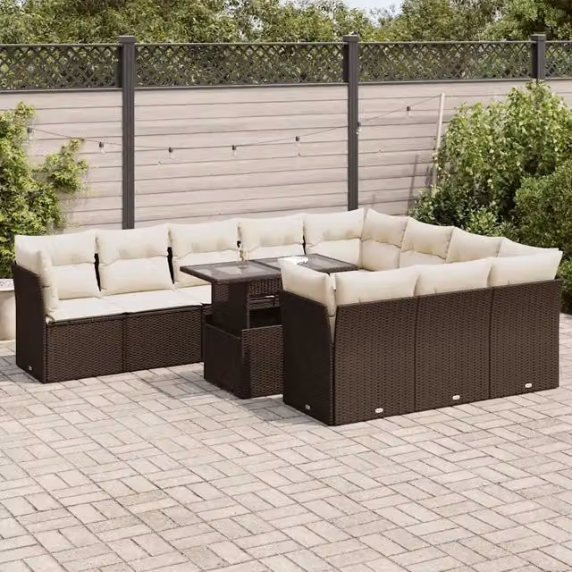 Set di Divani da Giardino a Forma di U vidaXL con 11 Pezzi, Polyrattan Marrone e Bianco, con Cuscini e Tavolino da Caffè in Vetro – 1