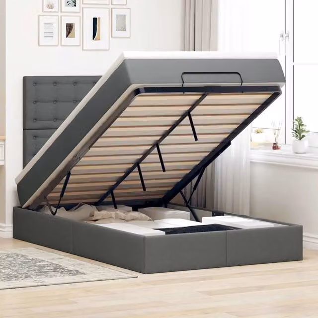 Letto contenitore con base a sollevamento vidaXL in tessuto grigio e bianco L/P/H: 200 x 120 x 45 cm