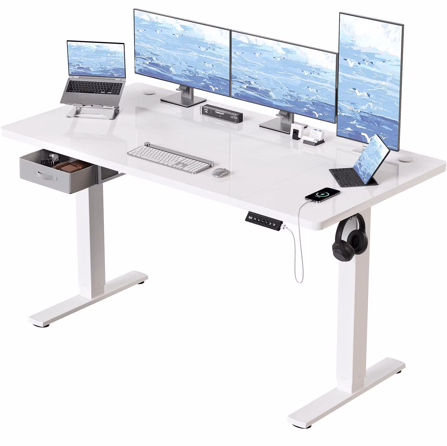 Scrivania regolabile in altezza - Piano di lavoro 160x80 cm - Con cassetti e porta di ricarica USB-A