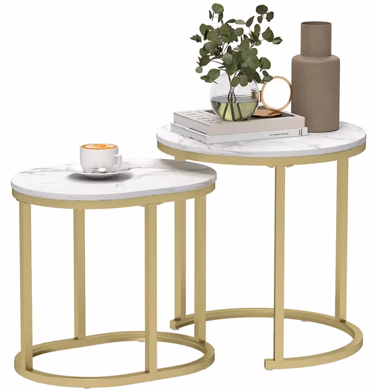 Set di tavolini da caffè - 2 tavolini ovali impilabili - Struttura in metallo - Bianco - Dimensioni: Ø 50 x 50,5 cm e 60 x 36 x 43,5 cm
