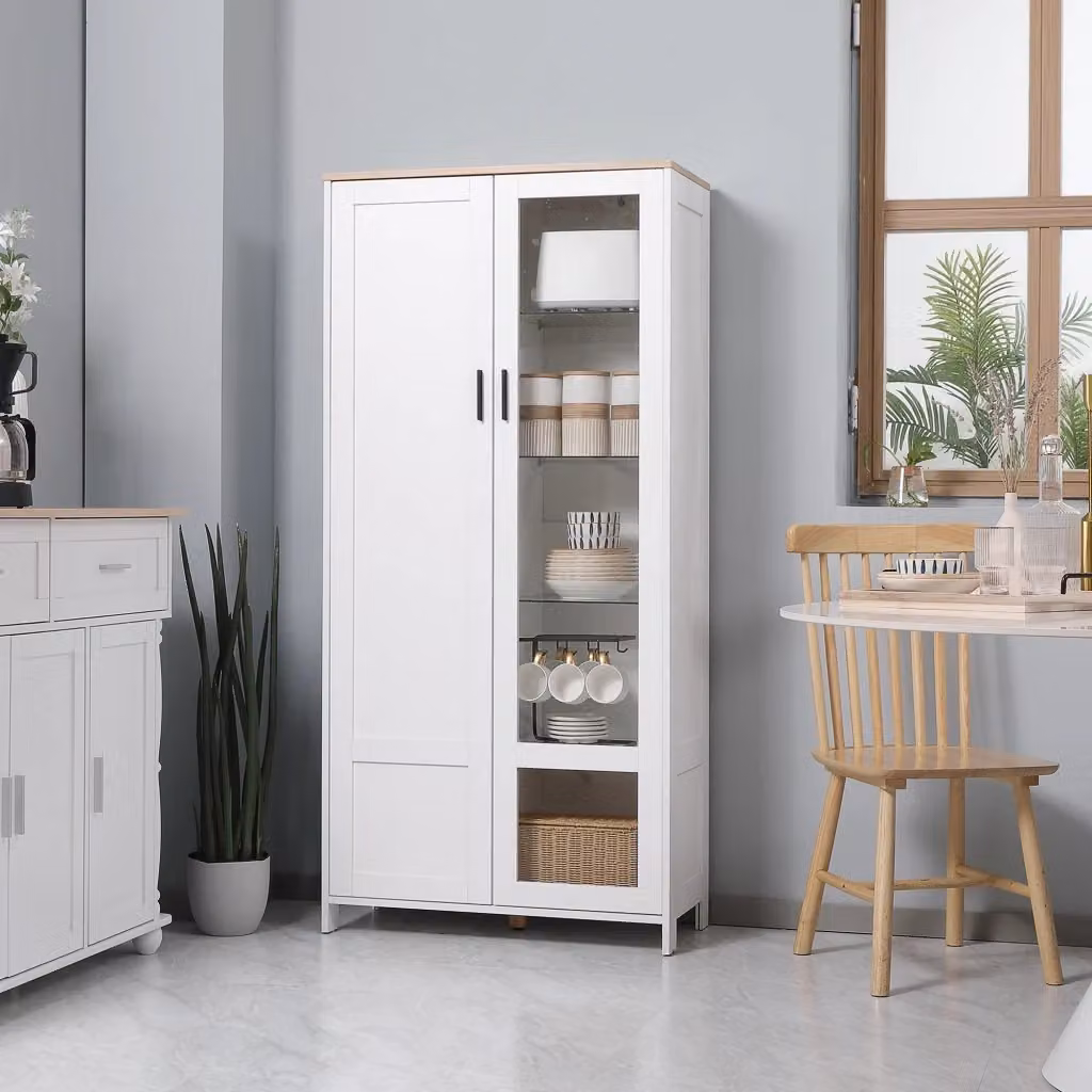 EasyComfort Credenza Moderna con 2 Ante in Vetro e Legno, Bianco, L: 76 cm, P: 36 cm, H: 160 cm – 2