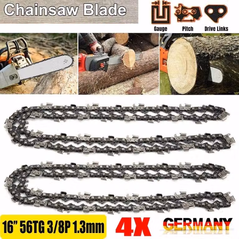 4 catene per motosega, lunghezza 40 cm, spessore 1,3 mm, passo 3/8", modello 56 TG, compatibili con la motosega Scheppach CSE 2200. Spedizione tramite DHL
