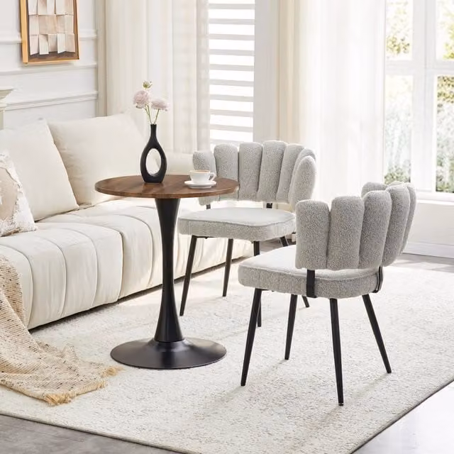 Set Tavolo Rotondo e Sedie da Pranzo ¨C Xylo ¨C Piano MDF, Gambe Metallo Nero, Tessuto Grigio Chiaro