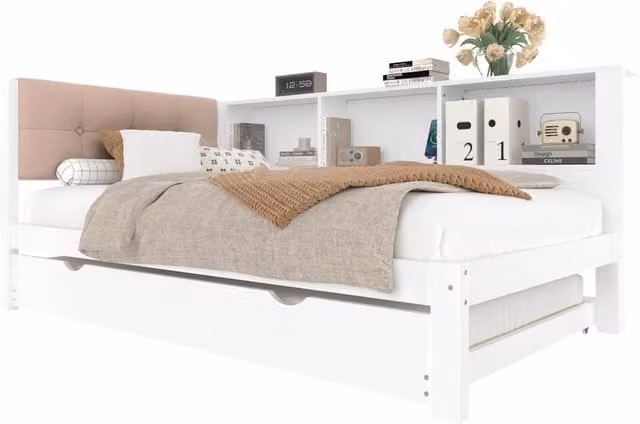 Letto estraibile singolo con illuminazione LED, porta USB e ripiani laterali, in legno MDF bianco, L/P: 90 x 200 cm