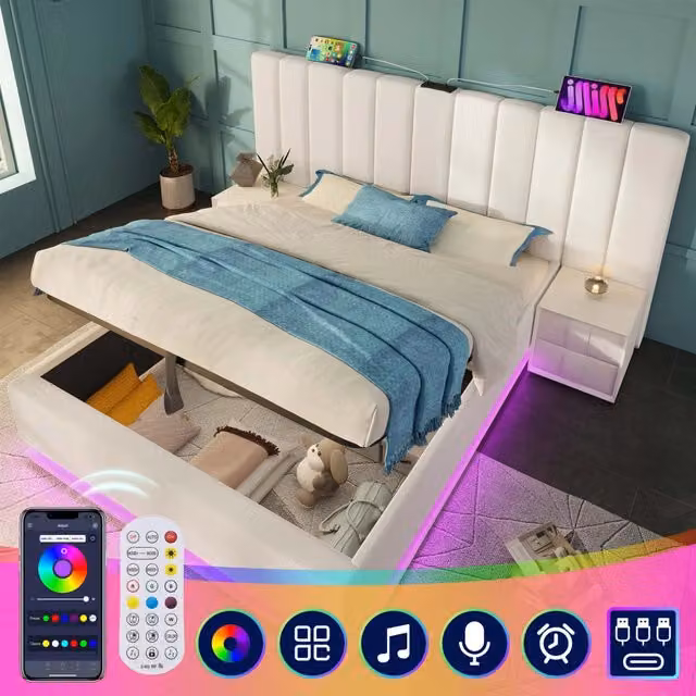 Letto contenitore imbottito 180x200 cm con LED e ricarica USB-C; bianco