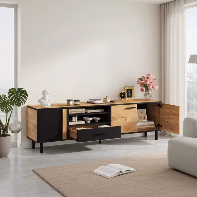 Cassettiera TV KOMHTOM in stile scandinavo, colore nero e finitura legno, L: 180 cm, P: 39,15 cm, H: 50 cm – 1