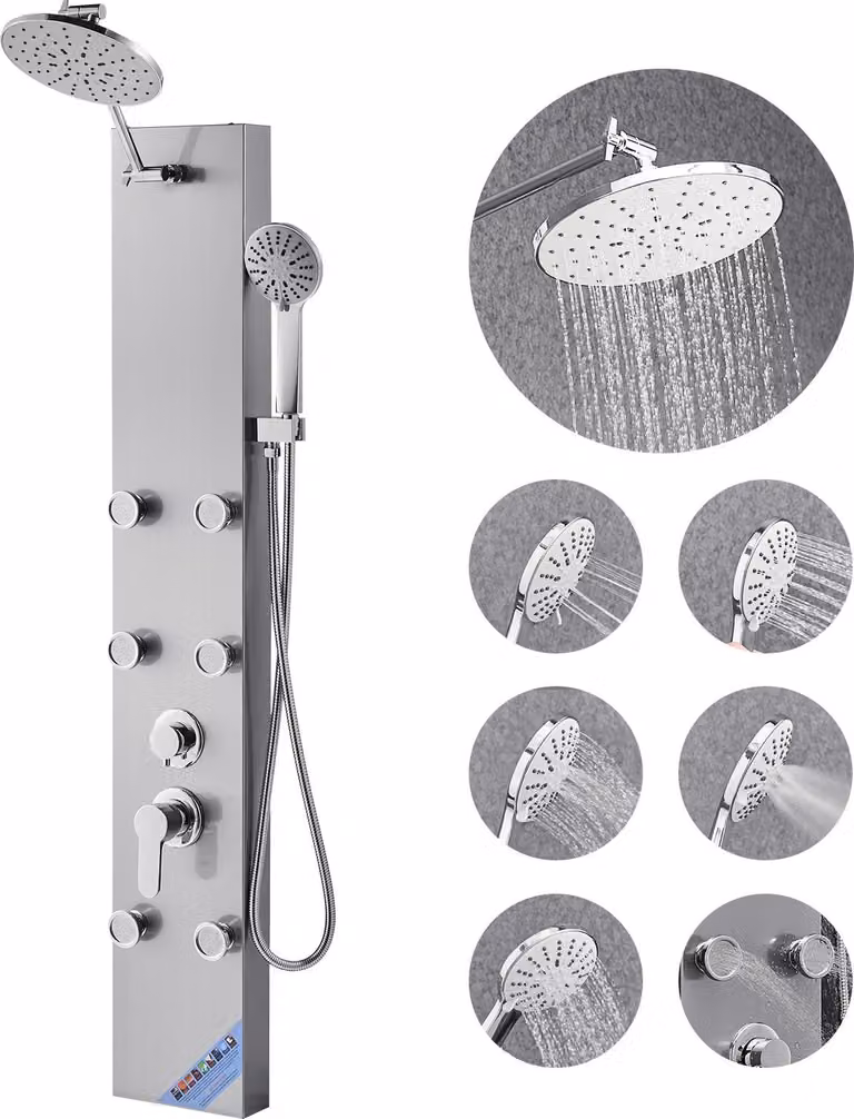 SucceBuy sistema a torre di pannelli doccia in acciaio inox con soffione a pioggia e getti massaggianti, 124 cm