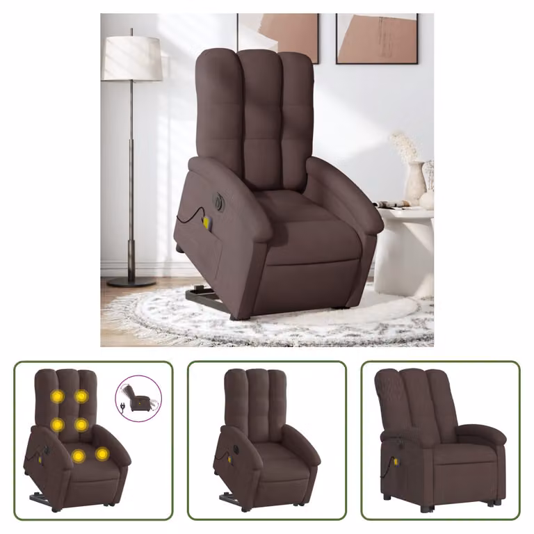 The Living Store Poltrona massaggiante elettrica con supporto in piedi Tessuto marrone scuro
