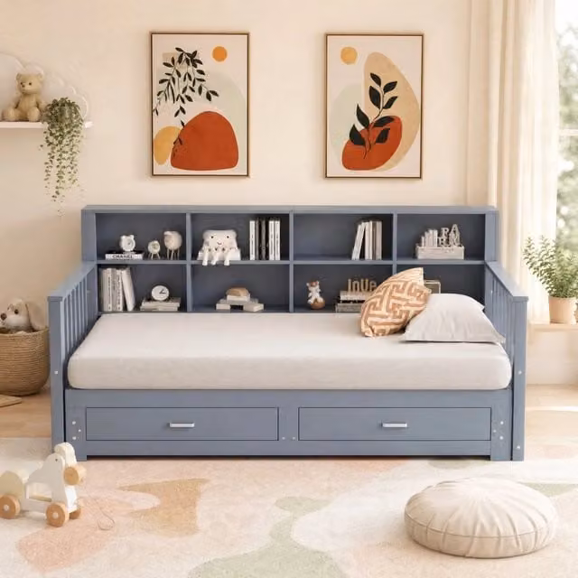 Divano letto estraibile in legno grigio 90/180x190 cm con cassetti e presa