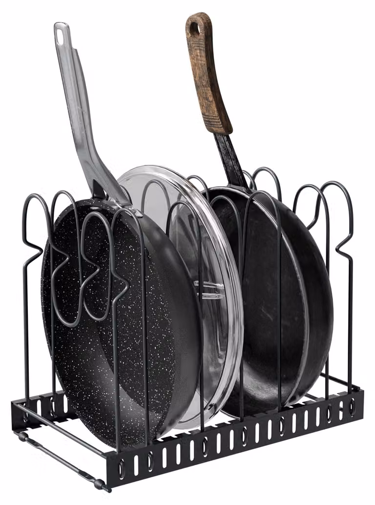 Amig - Organizer per pentole - Estensibile con 6-10 scomparti - Acciaio nero - Contenitore per la cucina, ideale per coperchi e pentole - Dimensioni: 20 x 24 x 30-57 cm