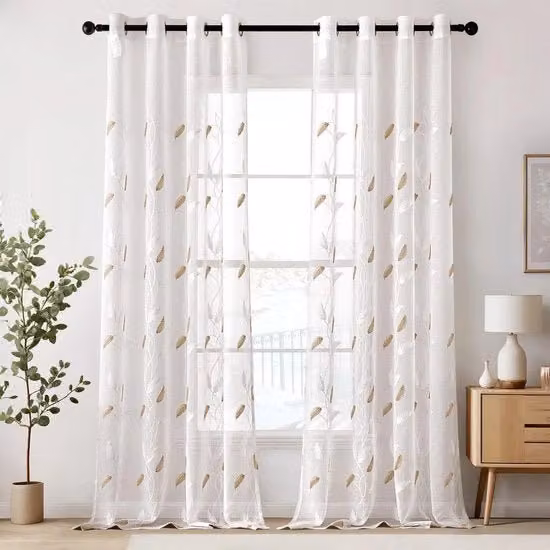 Velo tenda con anelli in plastica e decorazione a maglia - set da 2 - 225 x 140 cm - Foglie Beige