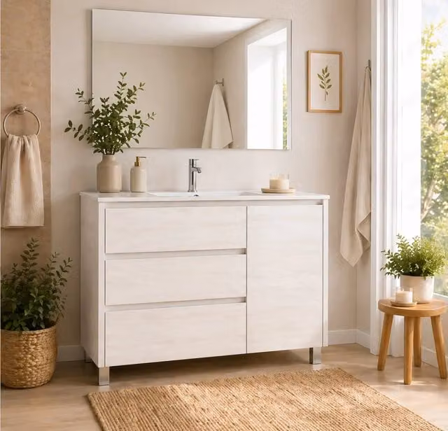 Mobile Bagno VOLUM Già Montato 3 cassetti e porta, lavabo e specchio Bianco nordico 90x45 cm