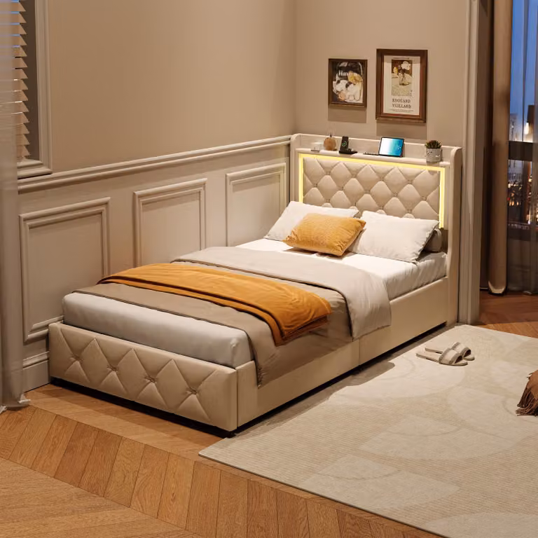 Letto imbottito UnboxG 90x200cm con cassetto, tessuto velluto beige, luce LED e connessione USB/Type-C - letto contenitore