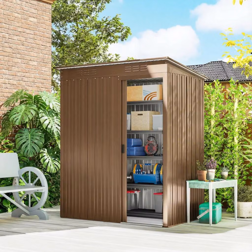 Casetta da Giardino Giordanoshop in Metallo Marrone con Porta Scorrevole e Prese d'Aria L: 159 cm, P: 106 cm, H: 181 cm – 2
