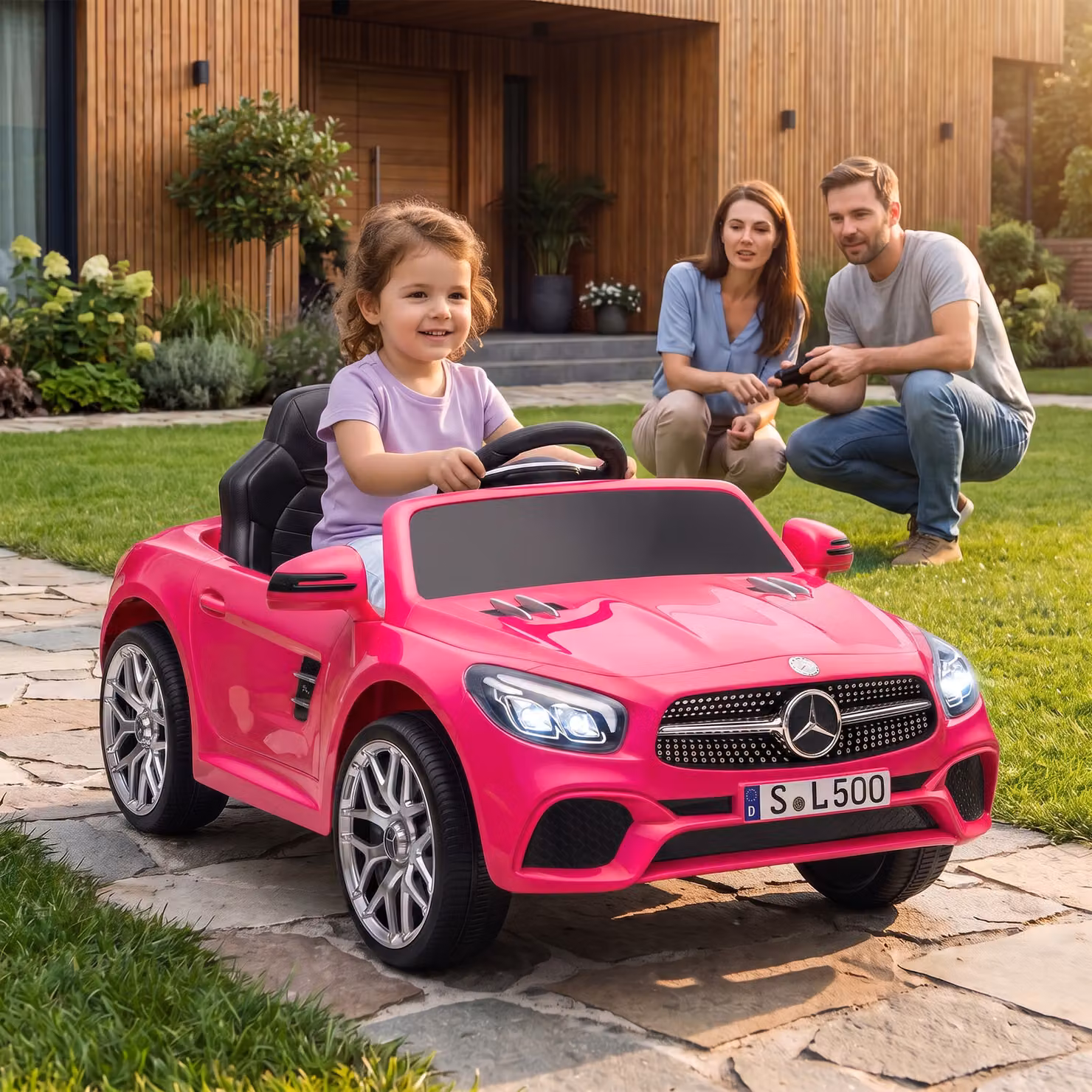 Auto elettrica per bambini AIYAPLAY Mercedes-Benz SL500 12V con telecomando e 2 motori, rosa – 2