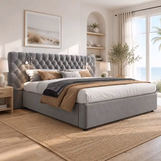 Letto contenitore Mivray con sollevamento idraulico, testiera imbottita in velluto grigio e luce da lettura integrata, L/P: 160 x 200 cm