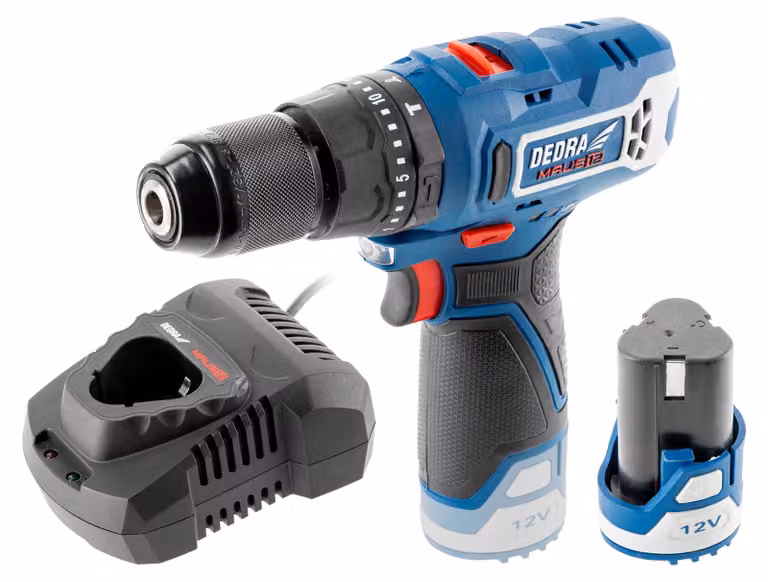Set di utensili con trapano/avvitatore a batteria da 12V, 45 Nm, con funzione a percussione