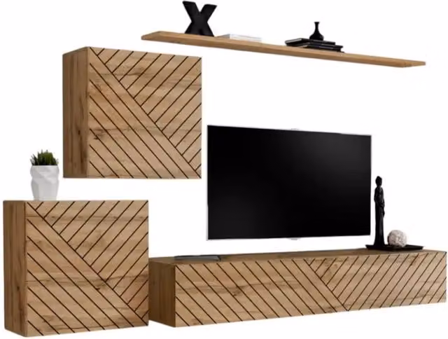 Set di mobili da soggiorno design SWITCH V, colore quercia wotan con finiture fresate.
