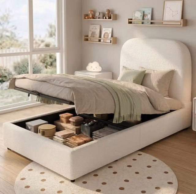 Letto per bambini 90x200 cm con contenitore idraulico; tessuto bouclé beige