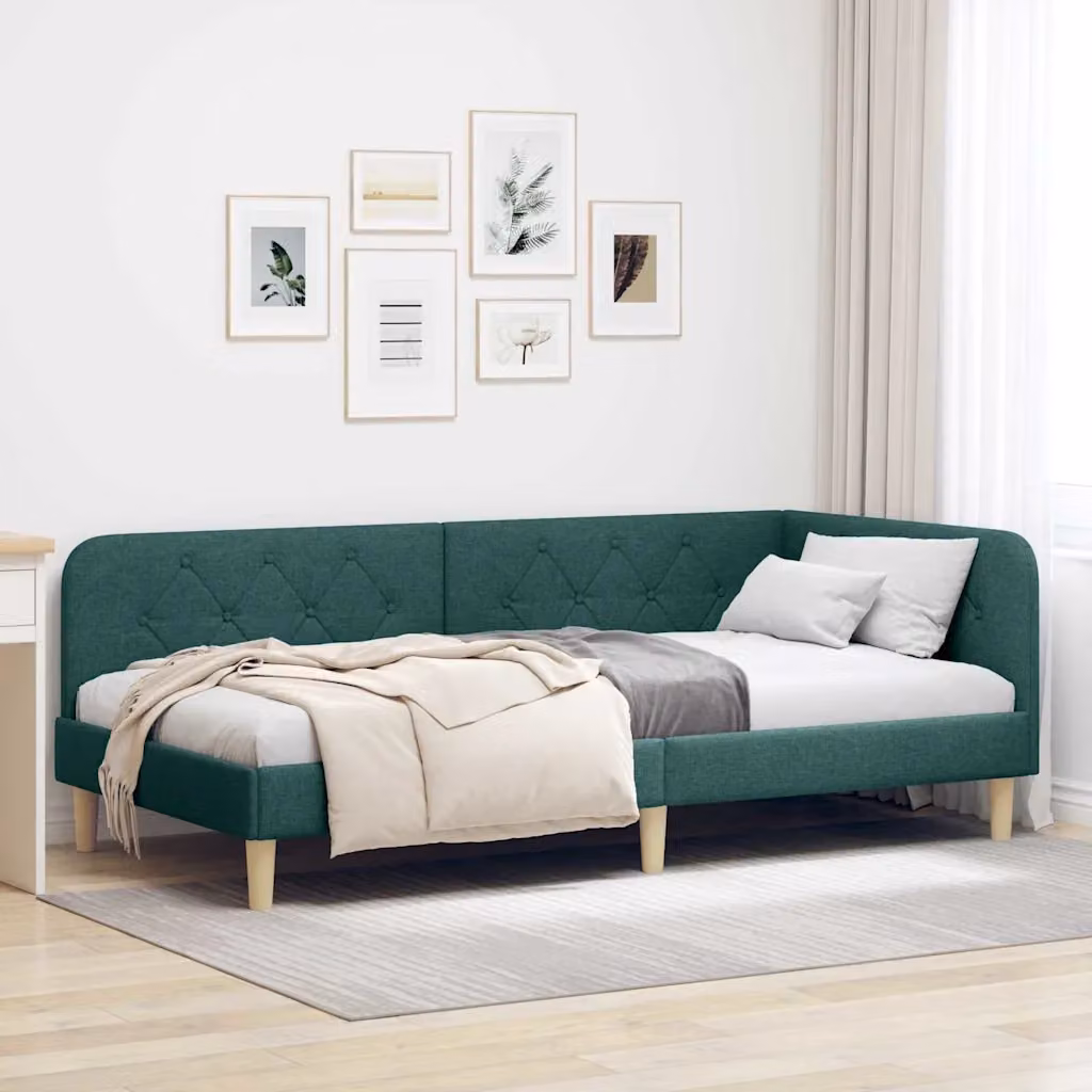 vidaXL Cornice del letto ad angolo moderna in tessuto verde, L 200 x P 100 x H 72 cm – 1