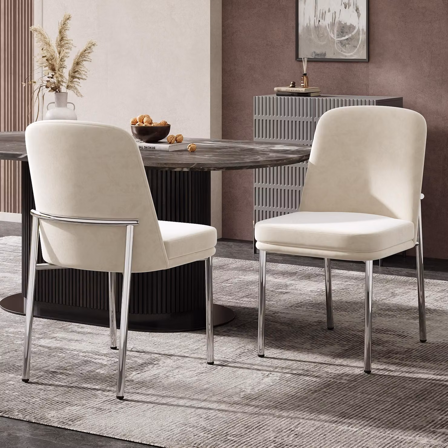 Set di 2 sedie da pranzo Fliek, sedie da cucina con cuscini di seduta imbottiti, sedie imbottite con gambe in metallo, sedia da salotto in velluto, 53x42,5x82 cm, beige
